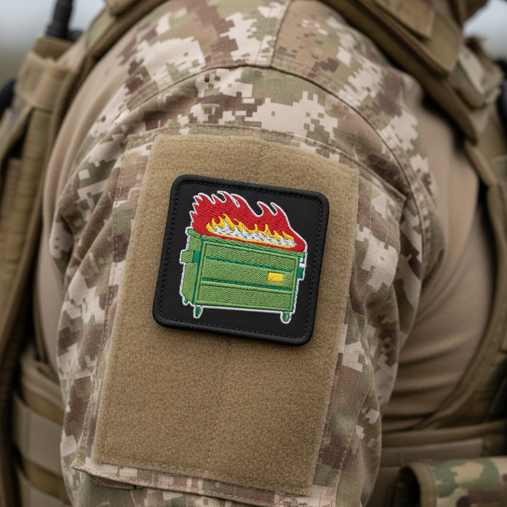 Camouflage uniform with a patch of a green dumpster on fire.