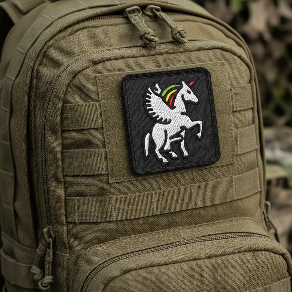 Olive green backpack with a unicorn patch featuring rainbow colors.