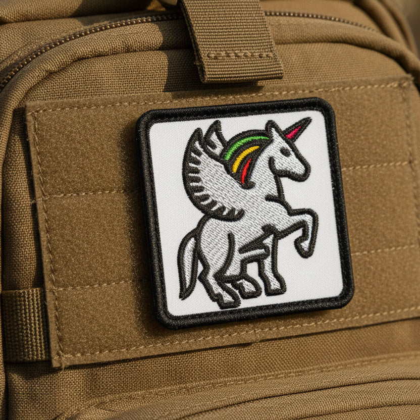 Unicorn patch with rainbow colors on a brown tactical bag