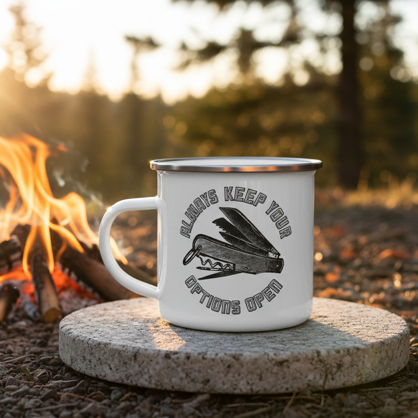 A white enamel camping mug with a black graphic of a pocket knife and the text 'ALWAYS KEEP YOUR OPTIONS OPEN' sits on a stone coaster next to a campfire in an outdoor forest setting at sunset.