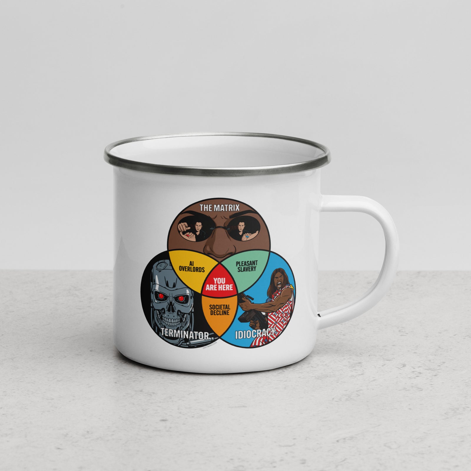 A white enamel-style mug with a silver rim, featuring a colorful Venn diagram graphic on the front with sci-fi movie character illustrations and text including 'THE MATRIX', 'TERMINATOR', 'IDIOTRAZE', and 'PLATYPENTAGON'.