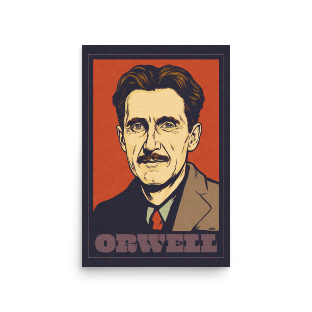 Framed poster of a stylized portrait with 'Orwell' text on a red background