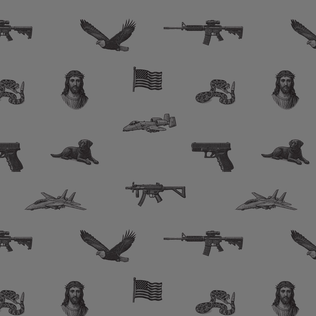 Pattern of military-themed icons including rifles, eagles, American flags, and Jesus on a gray background.
