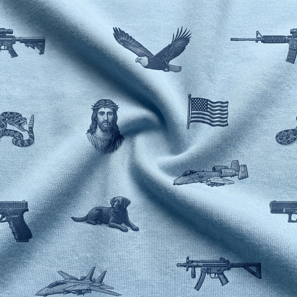 Fabric with blue military-themed designs including airplanes, guns, and an American flag.