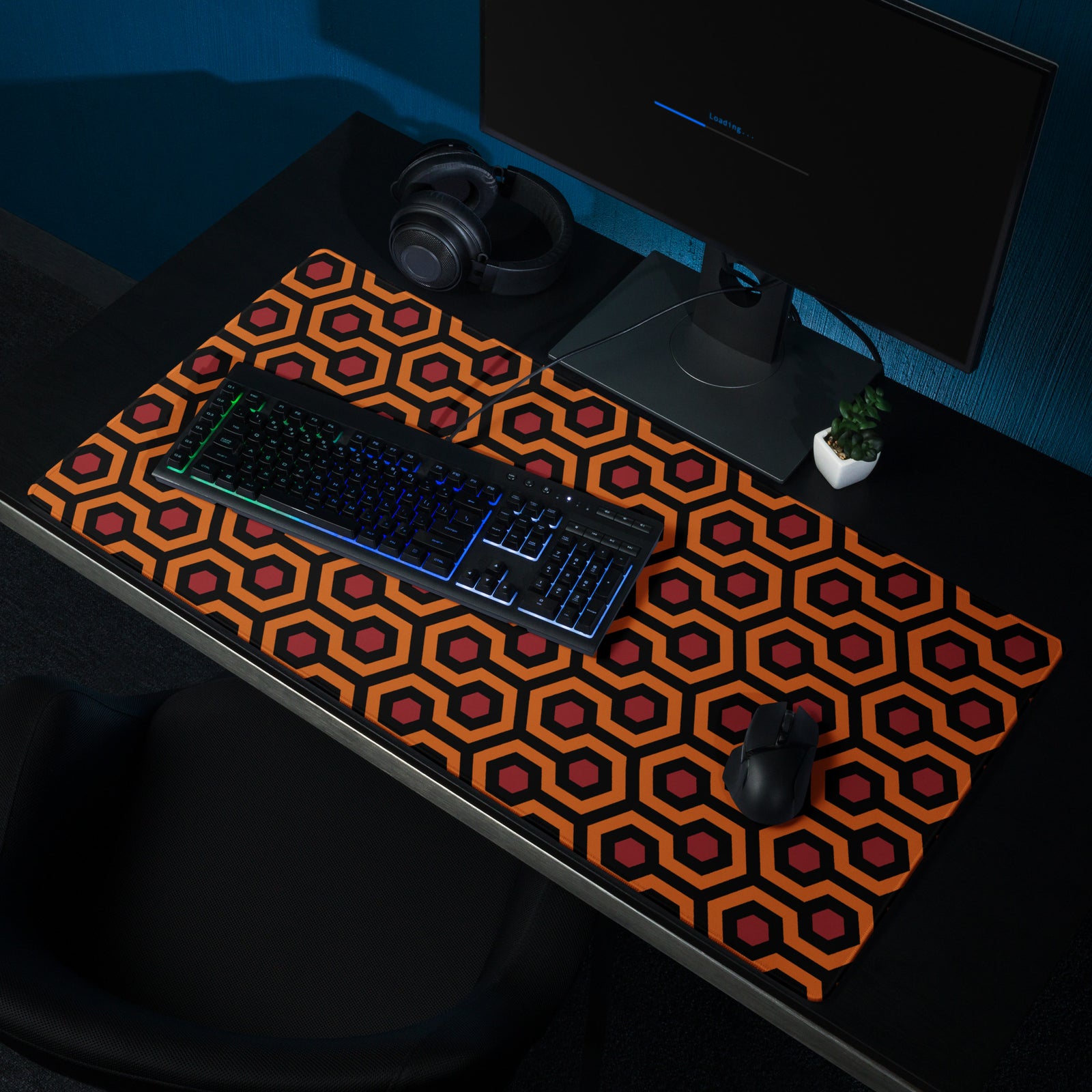 Extended 36 by 18 inch Overlook carpet desk mat beneath a gaming keyboard and mouse