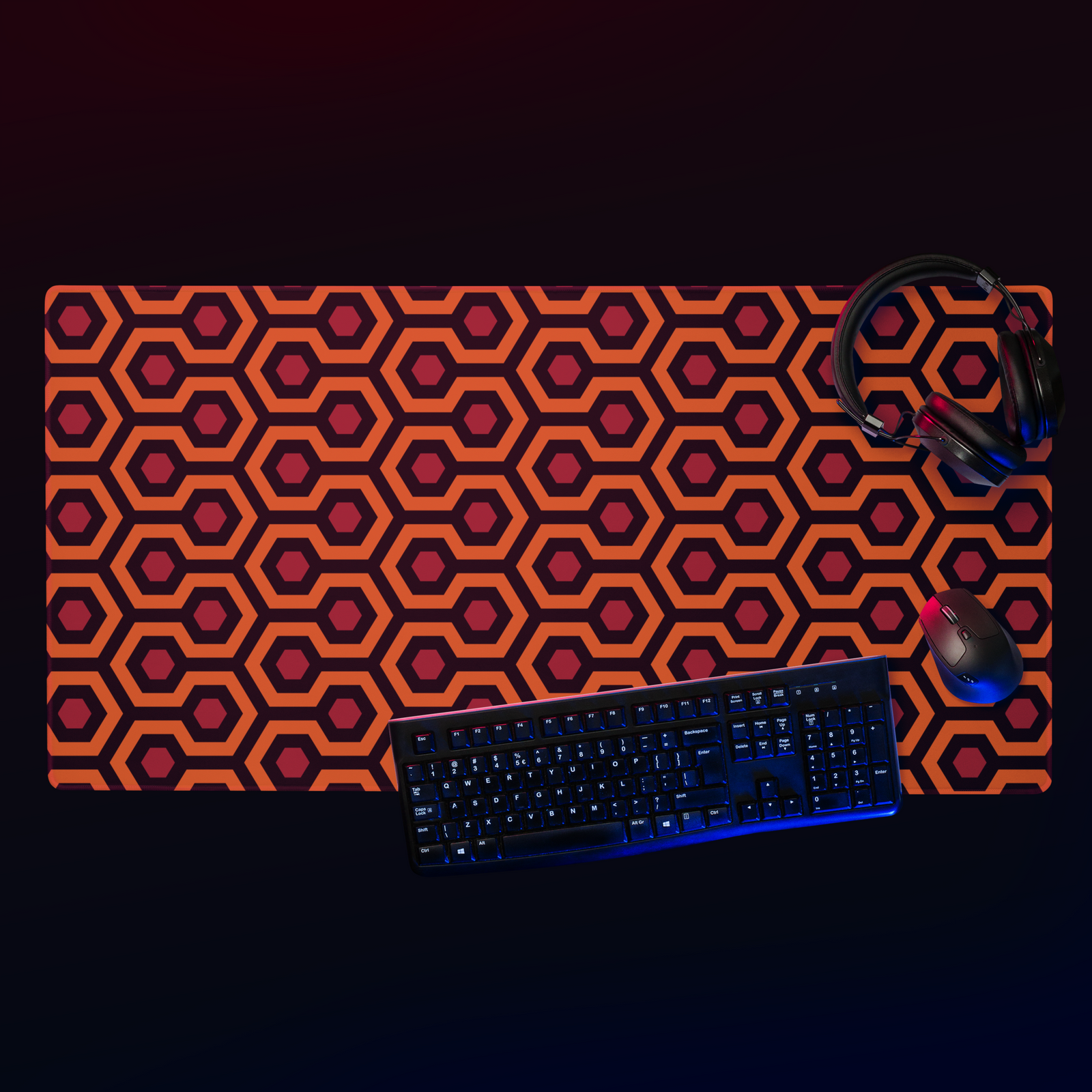 Top view of the extended Overlook carpet gaming desk mat with keyboard and mouse