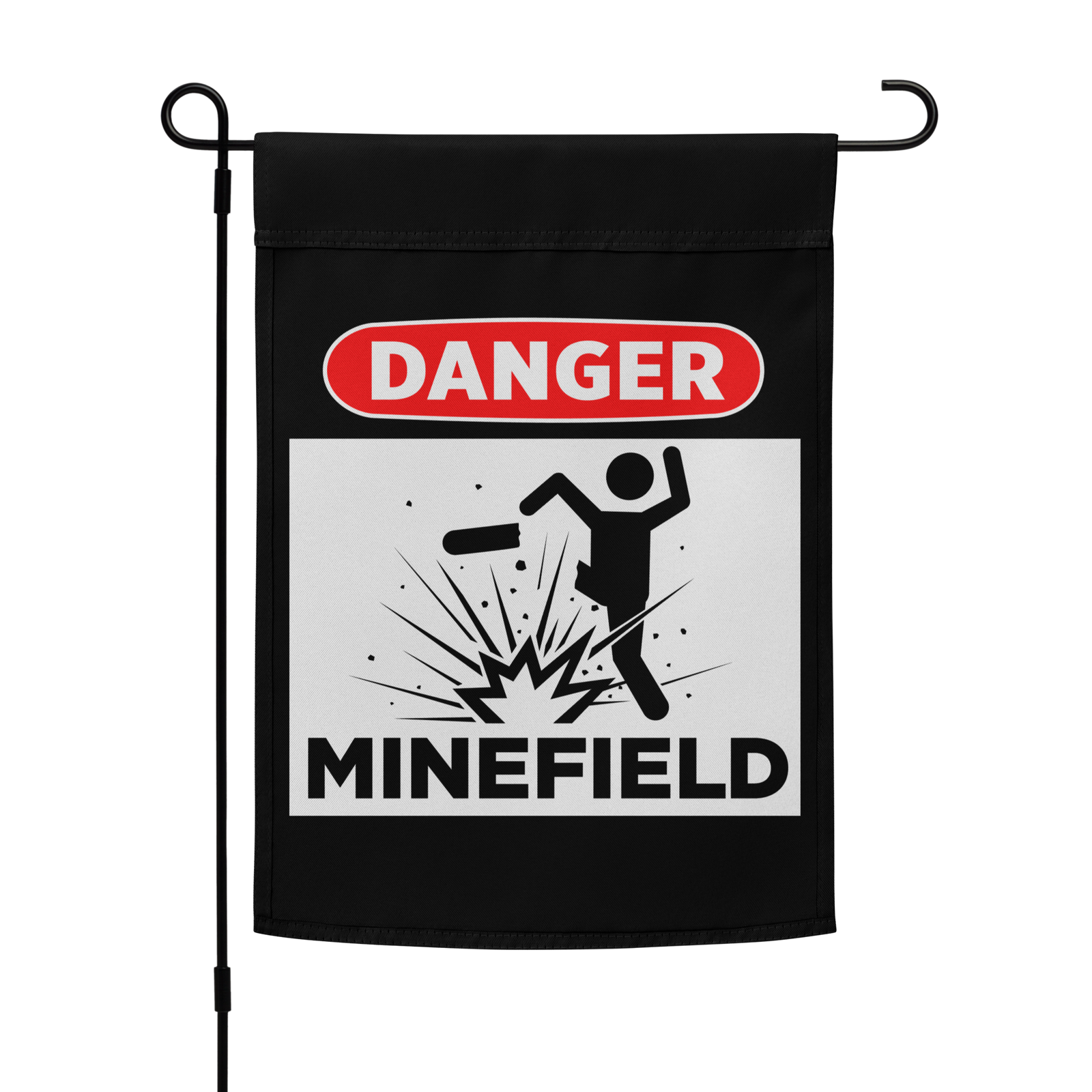 Garden flag with 'Danger Minefield' warning design on a black background