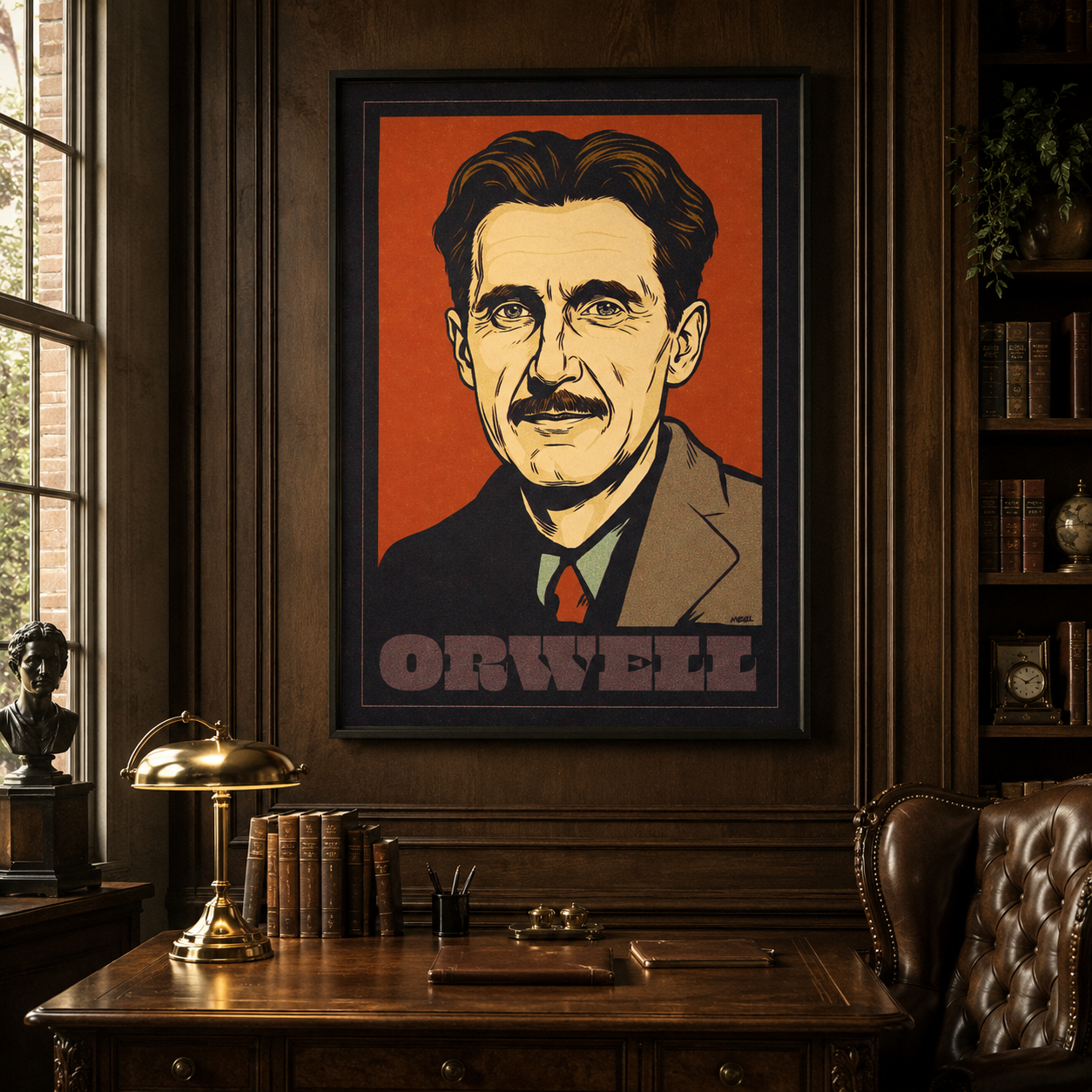 Framed portrait of aGeorge Orwell by Dan McCall on a wall in a room with a desk and books.