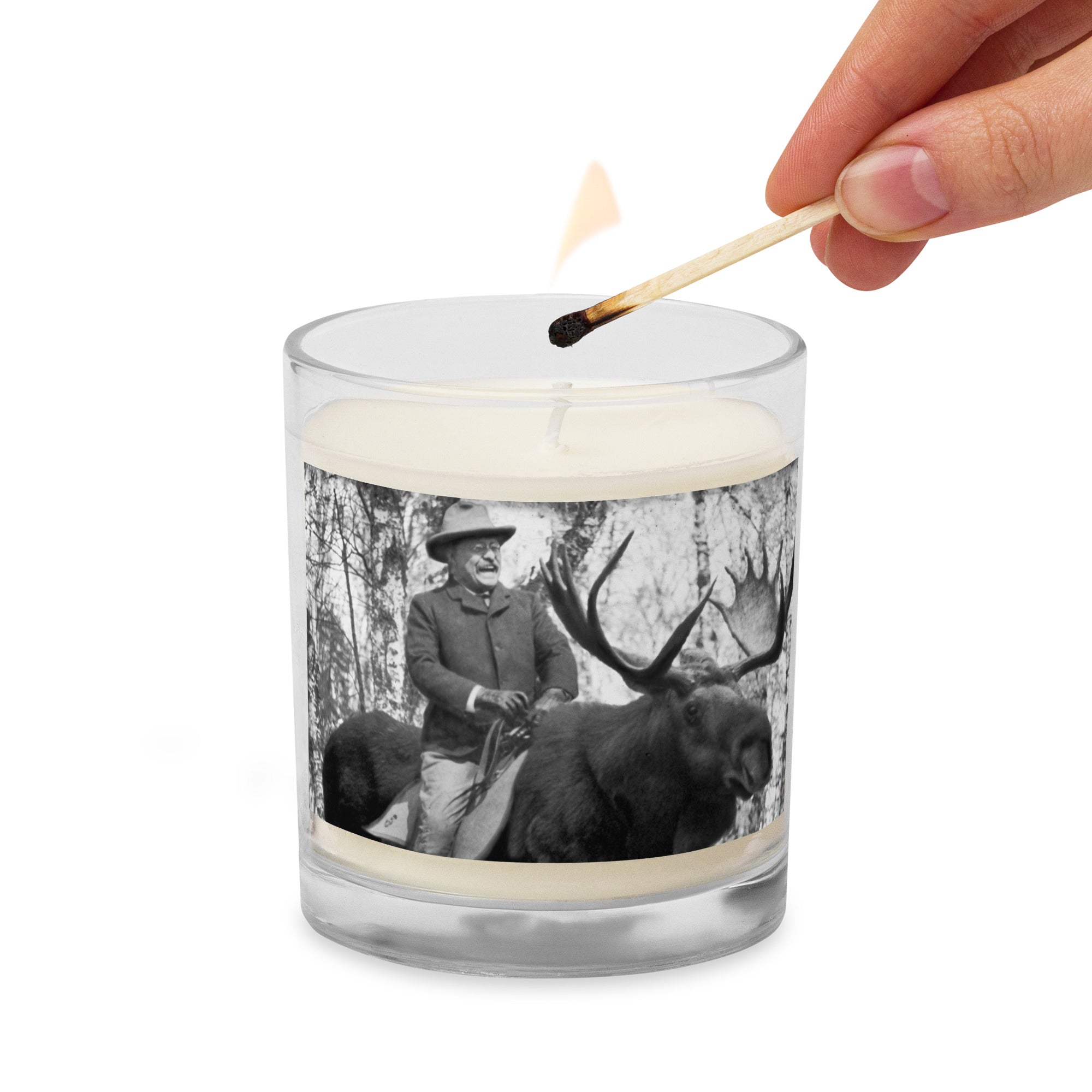Teddy Roosevelt Riding a Bull Moose Glass Jar Wax Candle