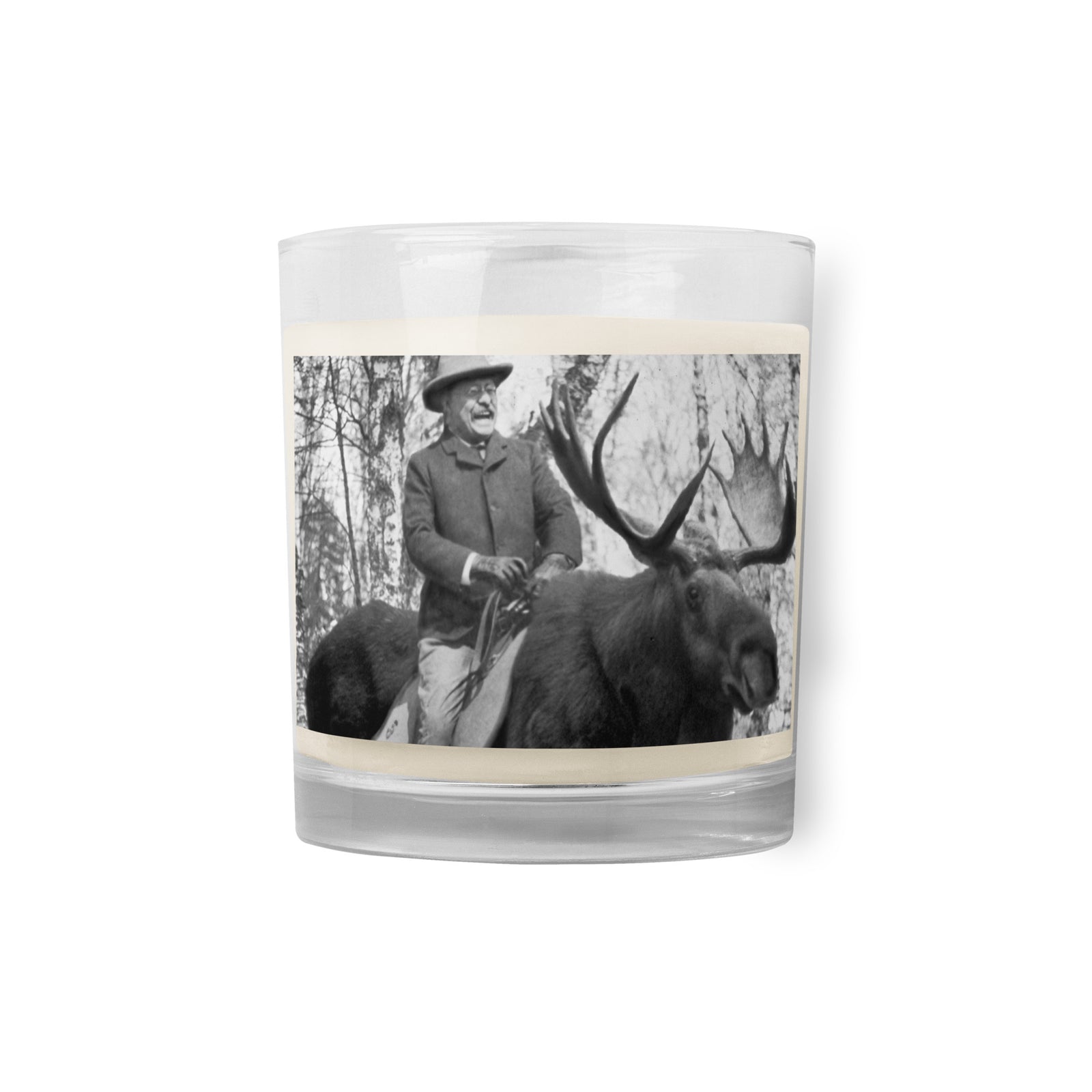 Teddy Roosevelt Riding a Bull Moose Glass Jar Wax Candle