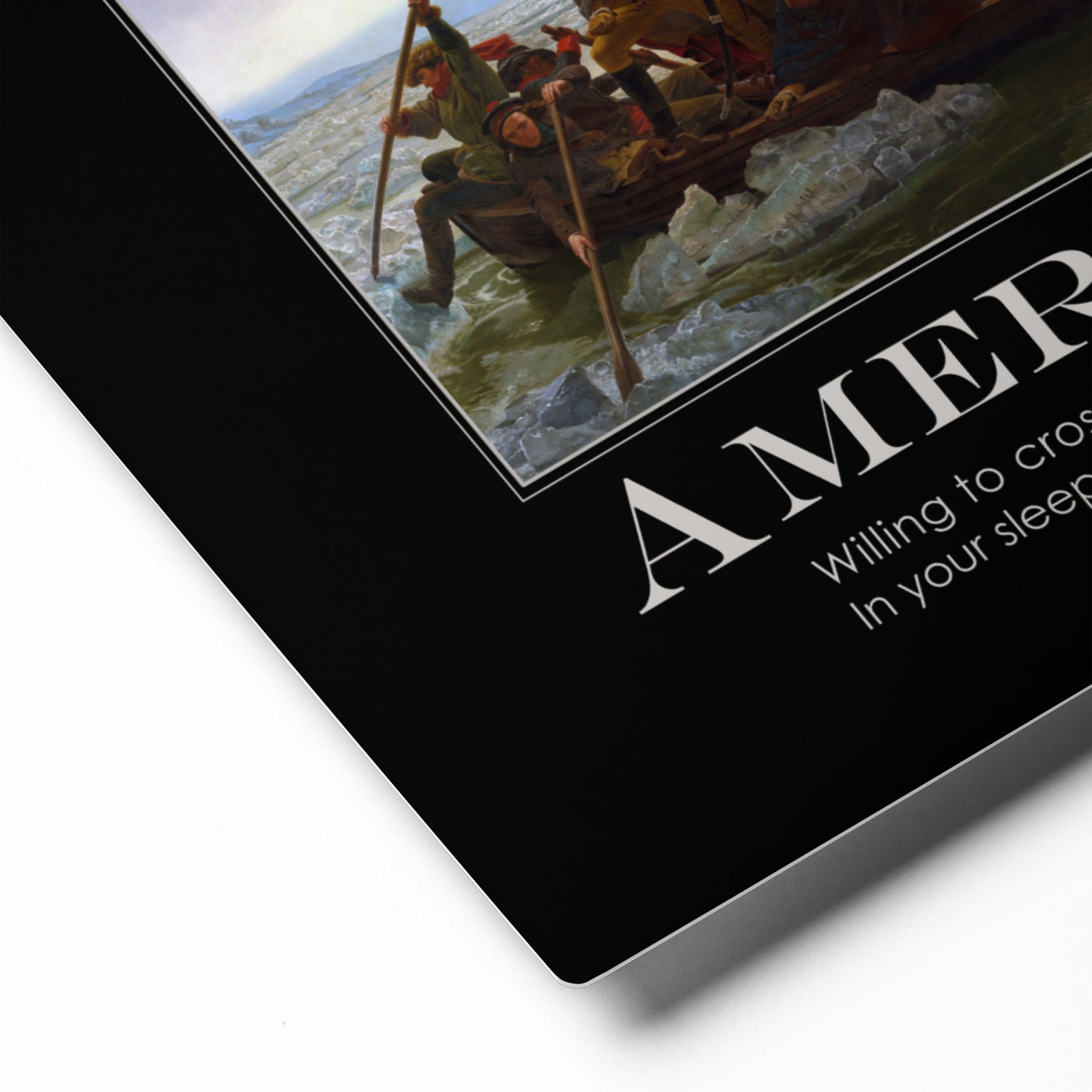 Poster with a historical scene of people rowing a boat on ice, featuring the word 'AMERICA'.