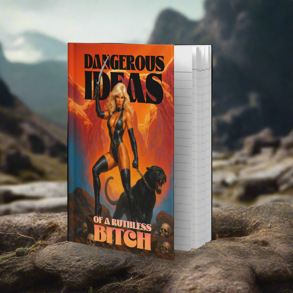 Book titled 'Dangerous Ideas of a Ruthless Bitch' with a woman and panther on the cover