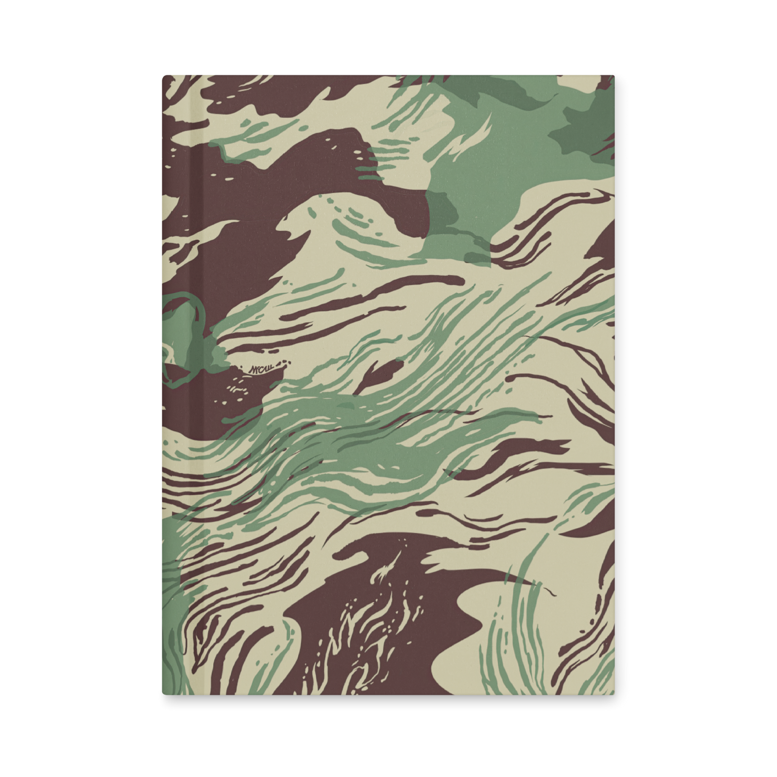 Camouflage-patterned notebook on a white background