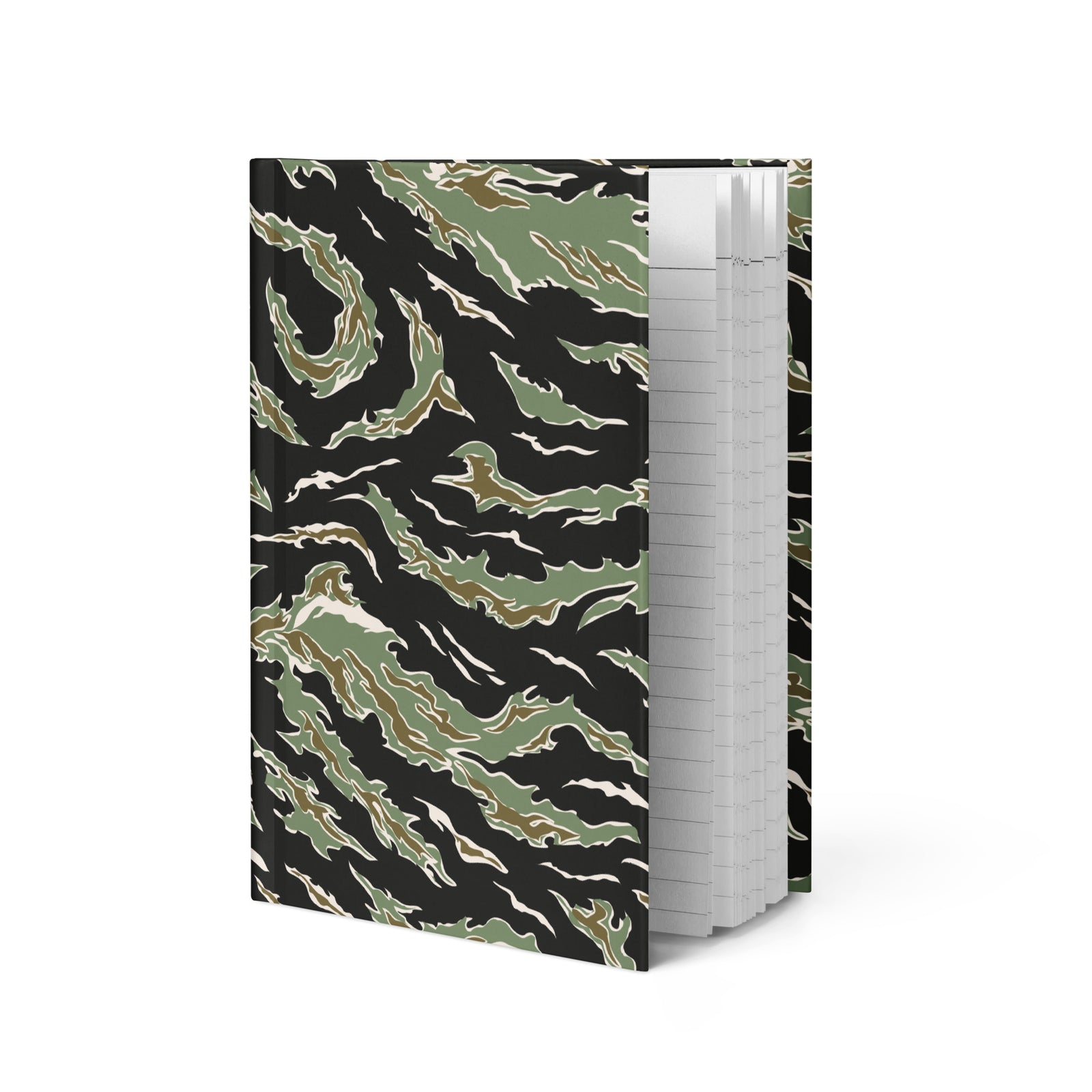 Notebook with green tiger stripe pattern on a black background