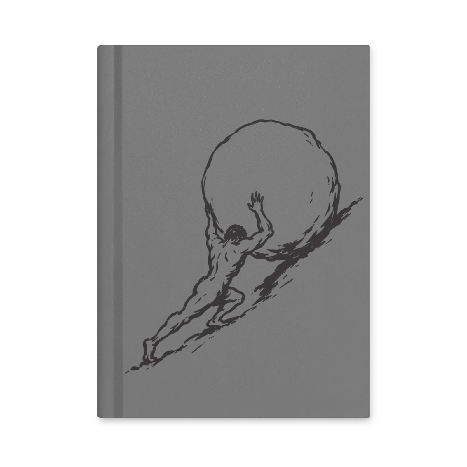 A gray hardcover notebook featuring a black line art illustration of a figure pushing a large sphere, shown against a plain white background.