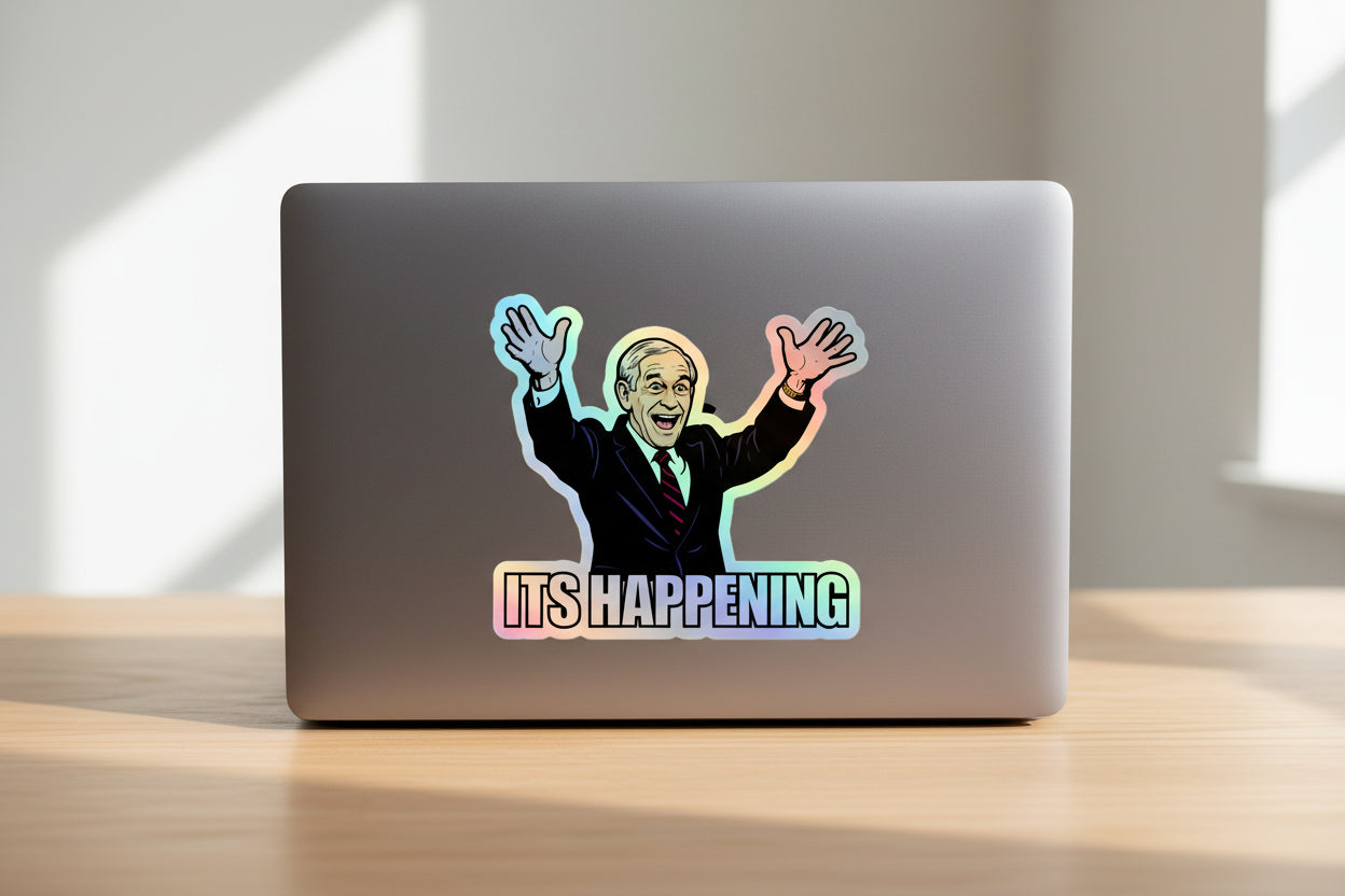 3D holographic sticker Cartoon Ron Paul with hands raised and 'It's Happening' text on a white background