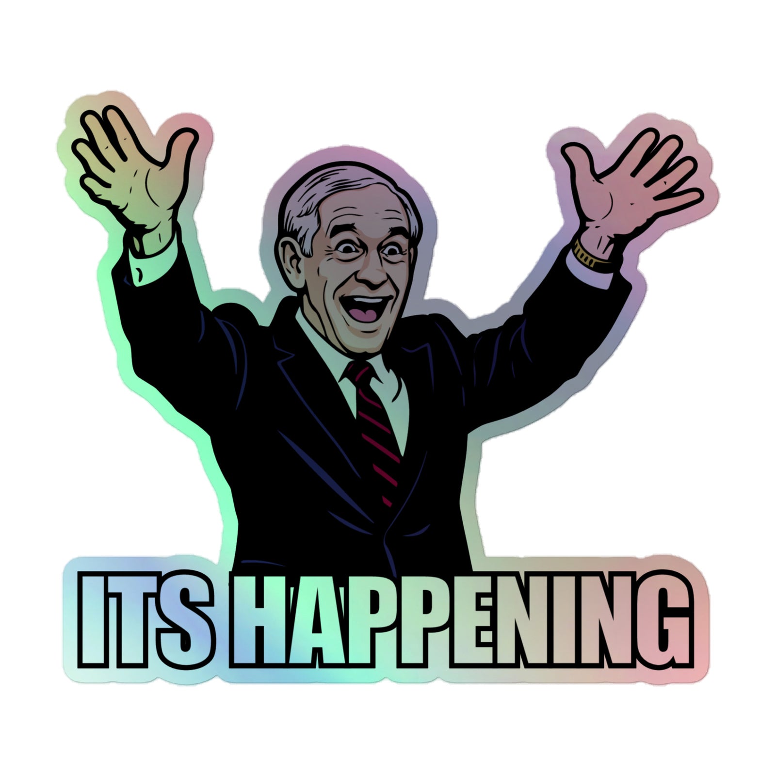 Cartoon-style illustration of a man with raised hands and 'ITS HAPPENING' text on a white background