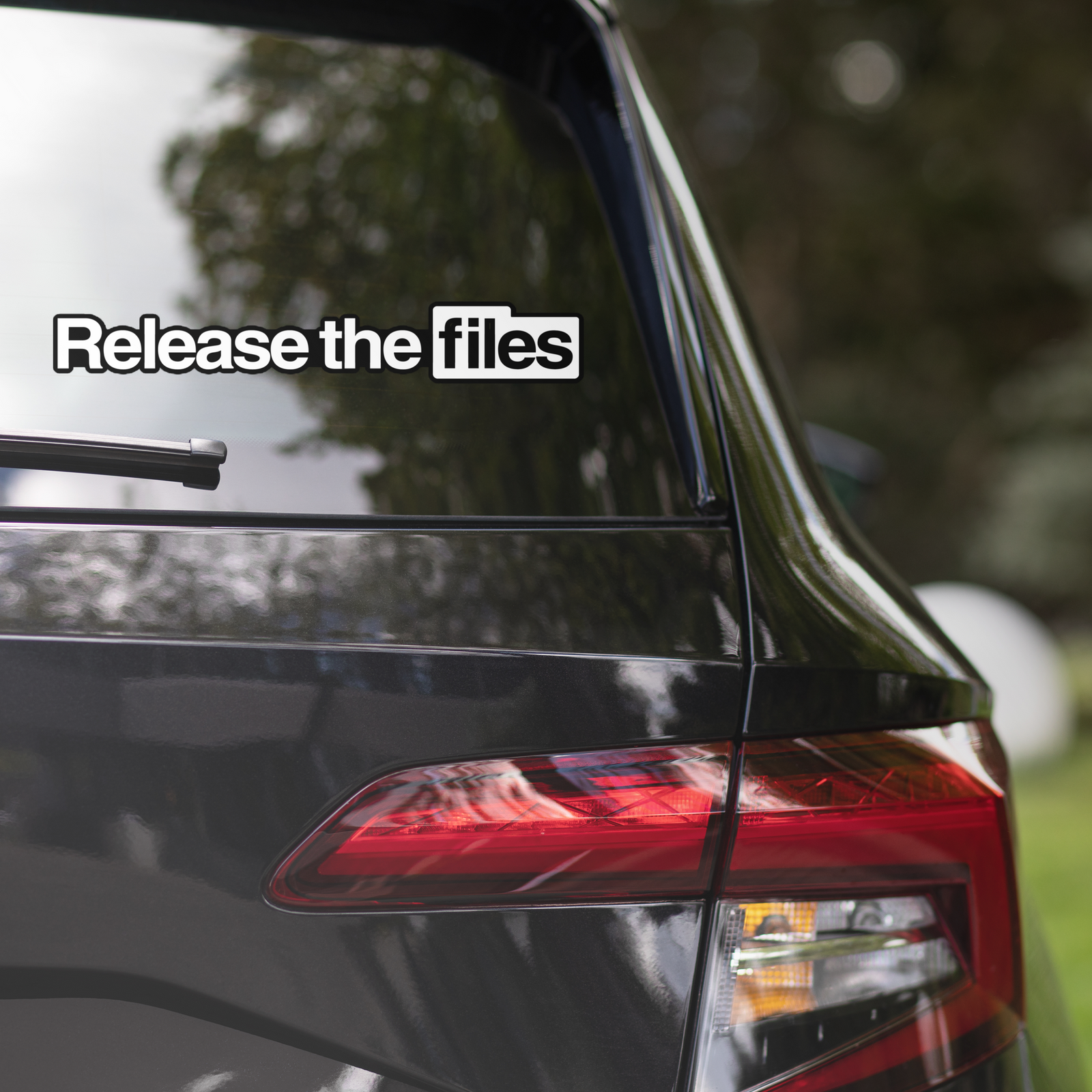 Car's rear end with 'Release the files' text overlay