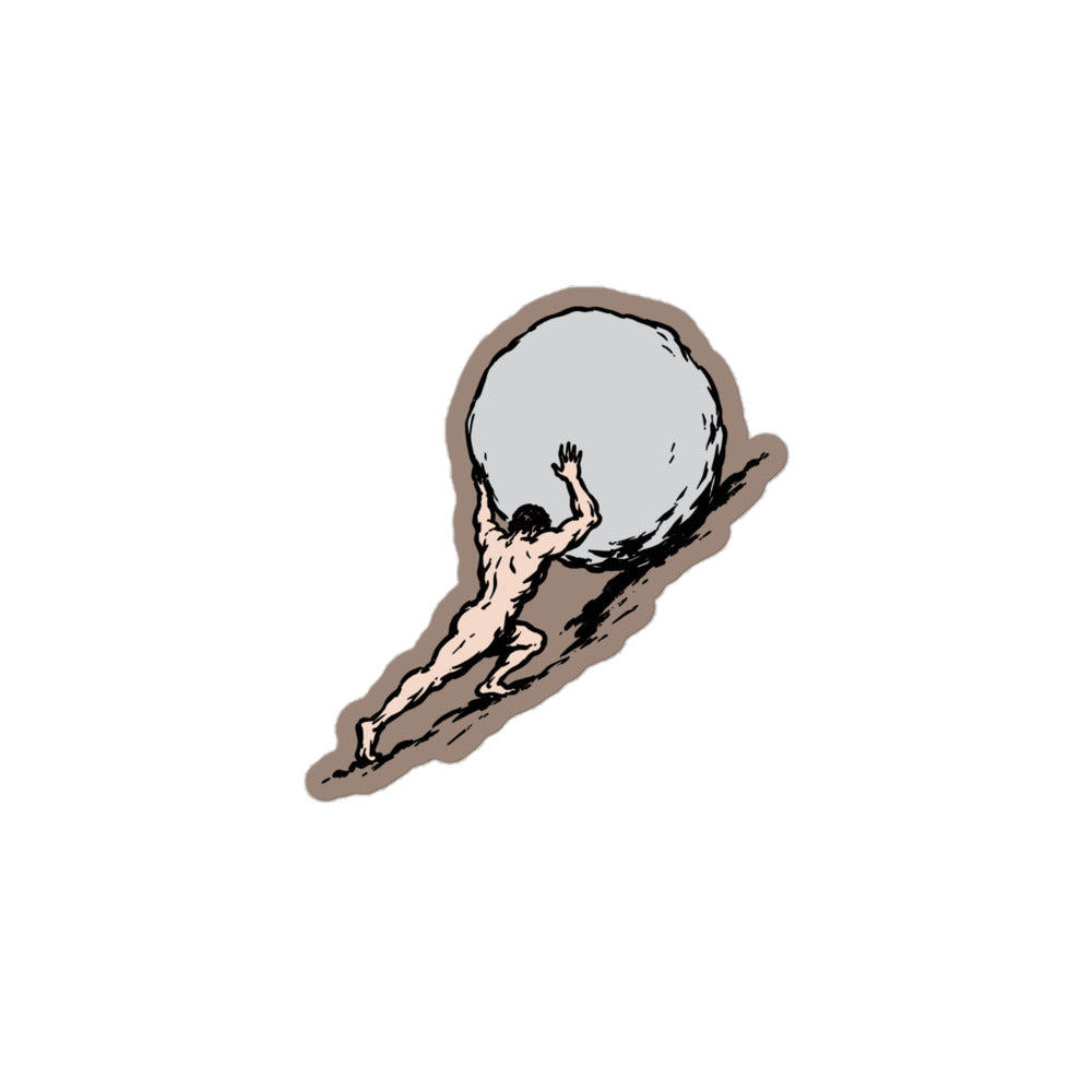Black and white Sisyphus sticker design showing a man pushing a boulder uphill