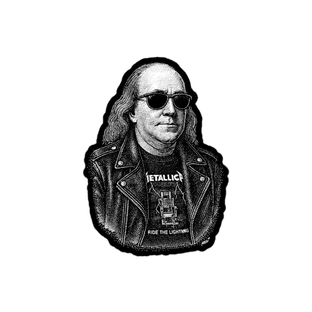 Illustrated sticker of Ben Franklin wearing a leather jacket and 'Metallica' t-shirt with sunglasses by Liberty Maniacs