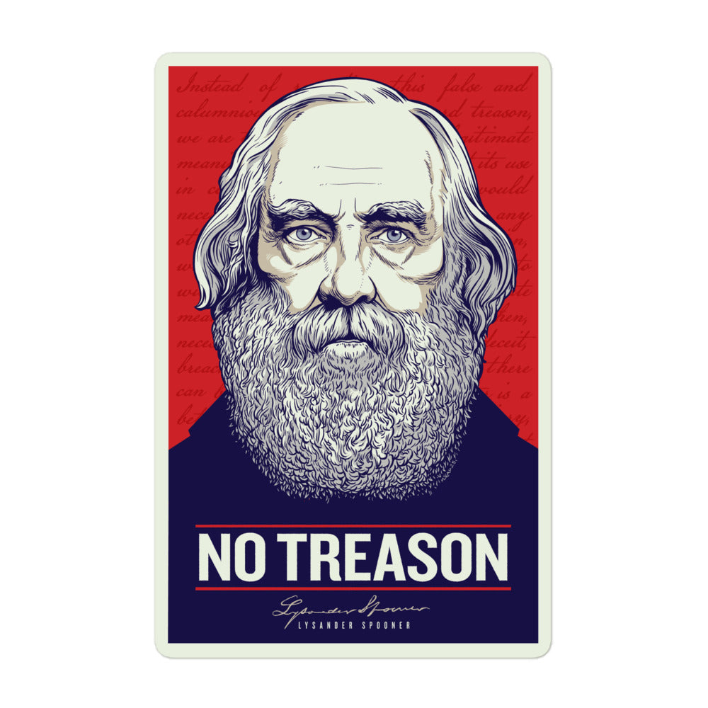Sticker with a portrait of a man with a beard and 'No Treason' text on a red and blue background.
