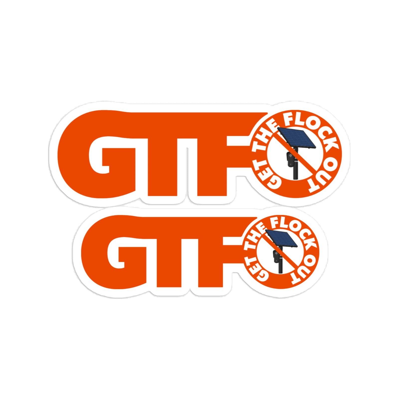 Two orange and white die-cut stickers featuring the text 'FLOCK OUT GET THE' in white around a black-and-white gun icon, with large orange letterforms below.