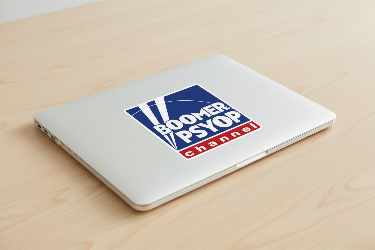 Laptop with a 'Boomer PSYOP Channel' sticker on a wooden surface