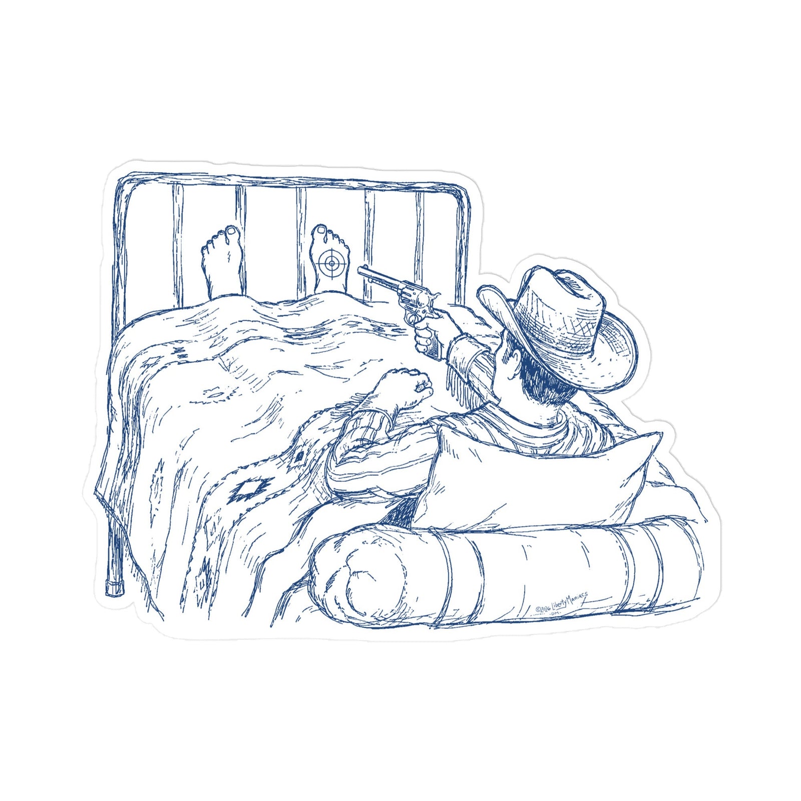 Sticker of a cowboy in bed shooting himself in the foot.