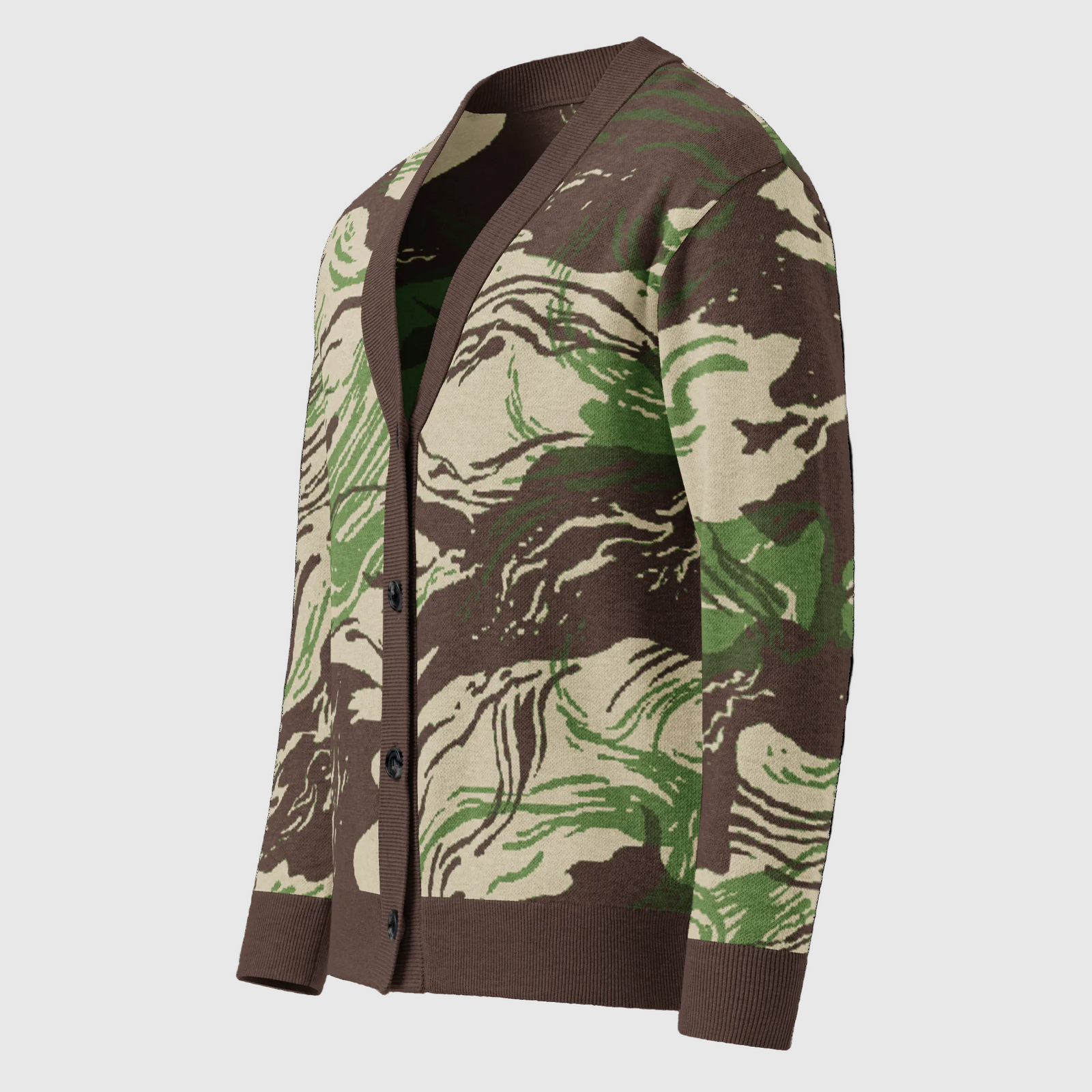 Camouflage-patterned Rhodesian Brushstroke Knitted Cardigan on a white background