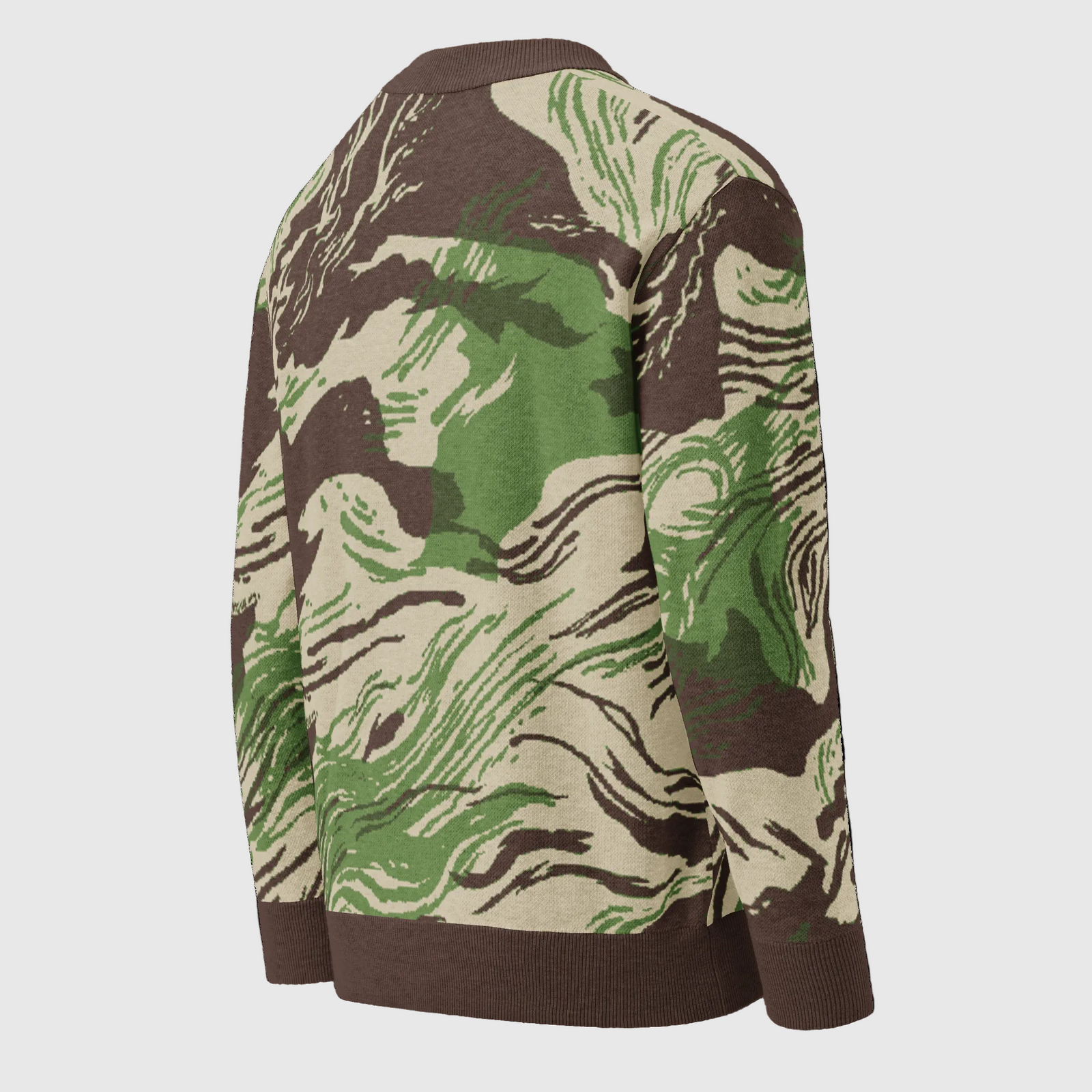Camouflage-patterned Rhodesian Brushstroke Knitted Cardigan on a white background
