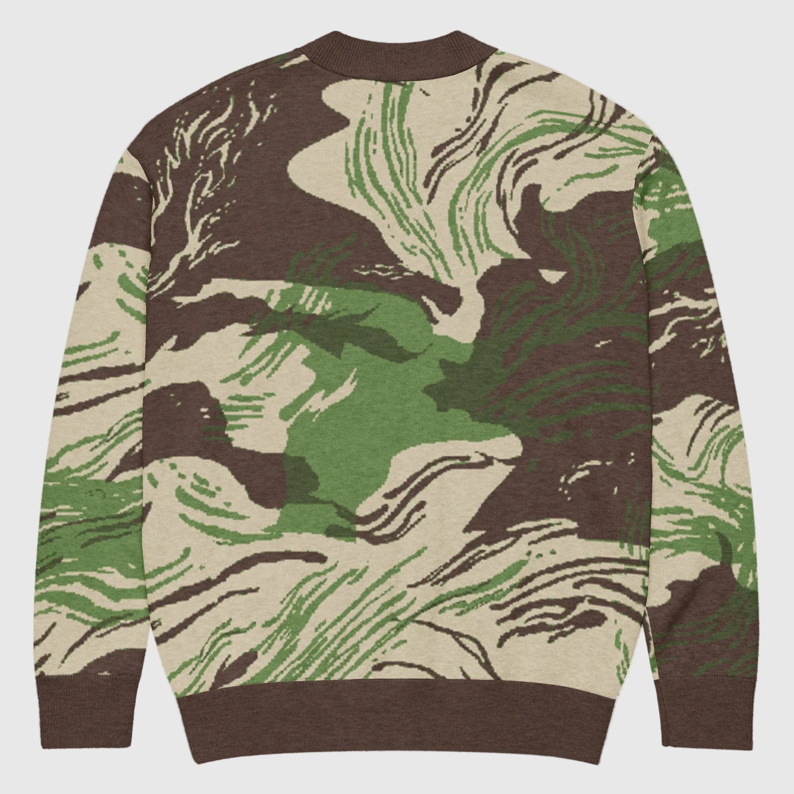 Rhodesian Brushstroke Knitted Cardigan seen from the back lying flat on a white background.