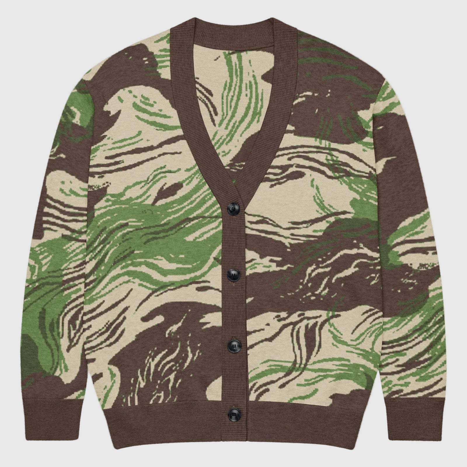 Rhodesian Brushstroke Knitted Cardigan lying flat on a white background.