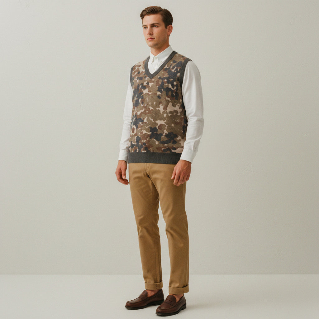 Flecktarn Reconnaissance Camo Knit V-neck Vest on a model