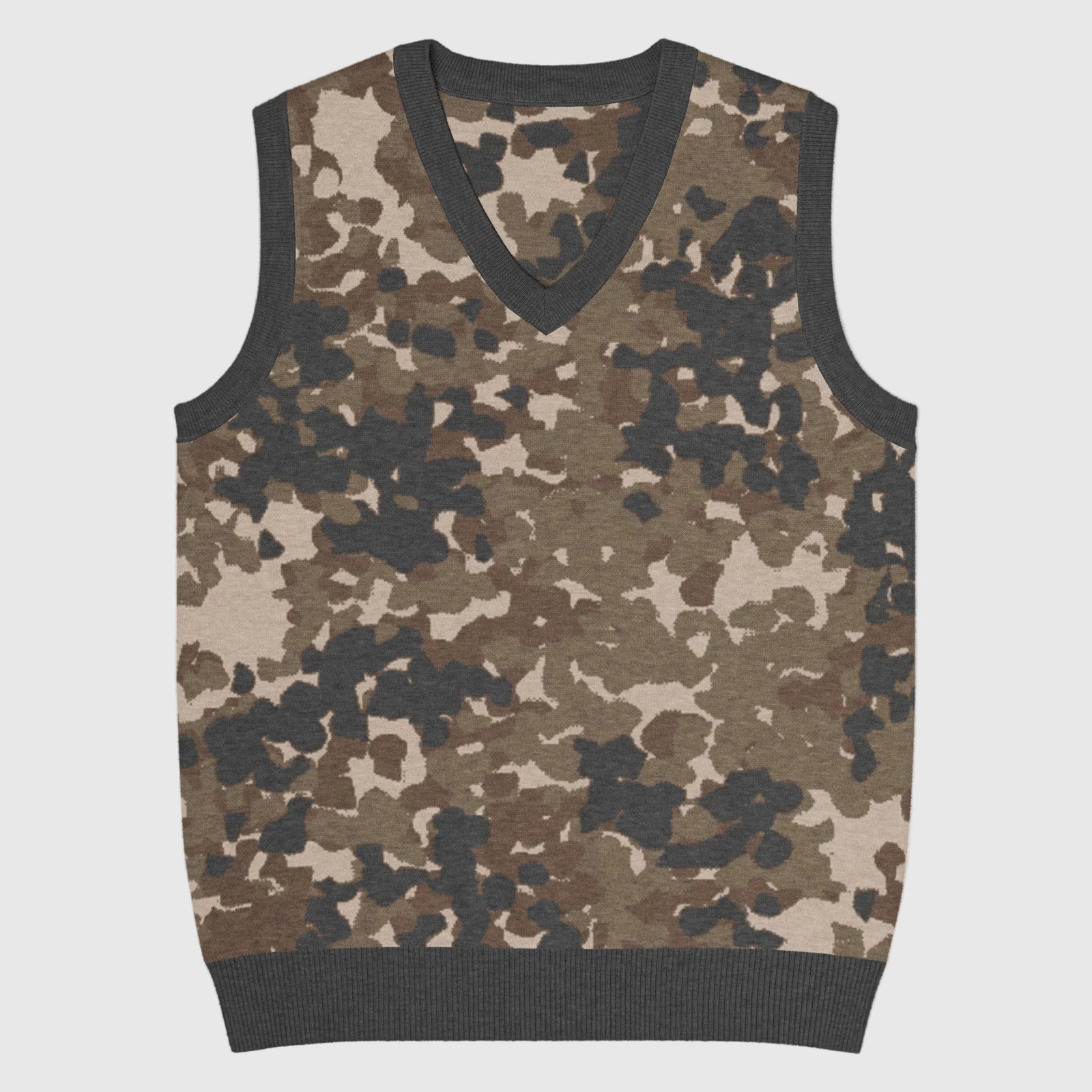 Medium sized Flecktarn Reconnaissance Camo Knit V-neck Vest lying flat on a white background.
