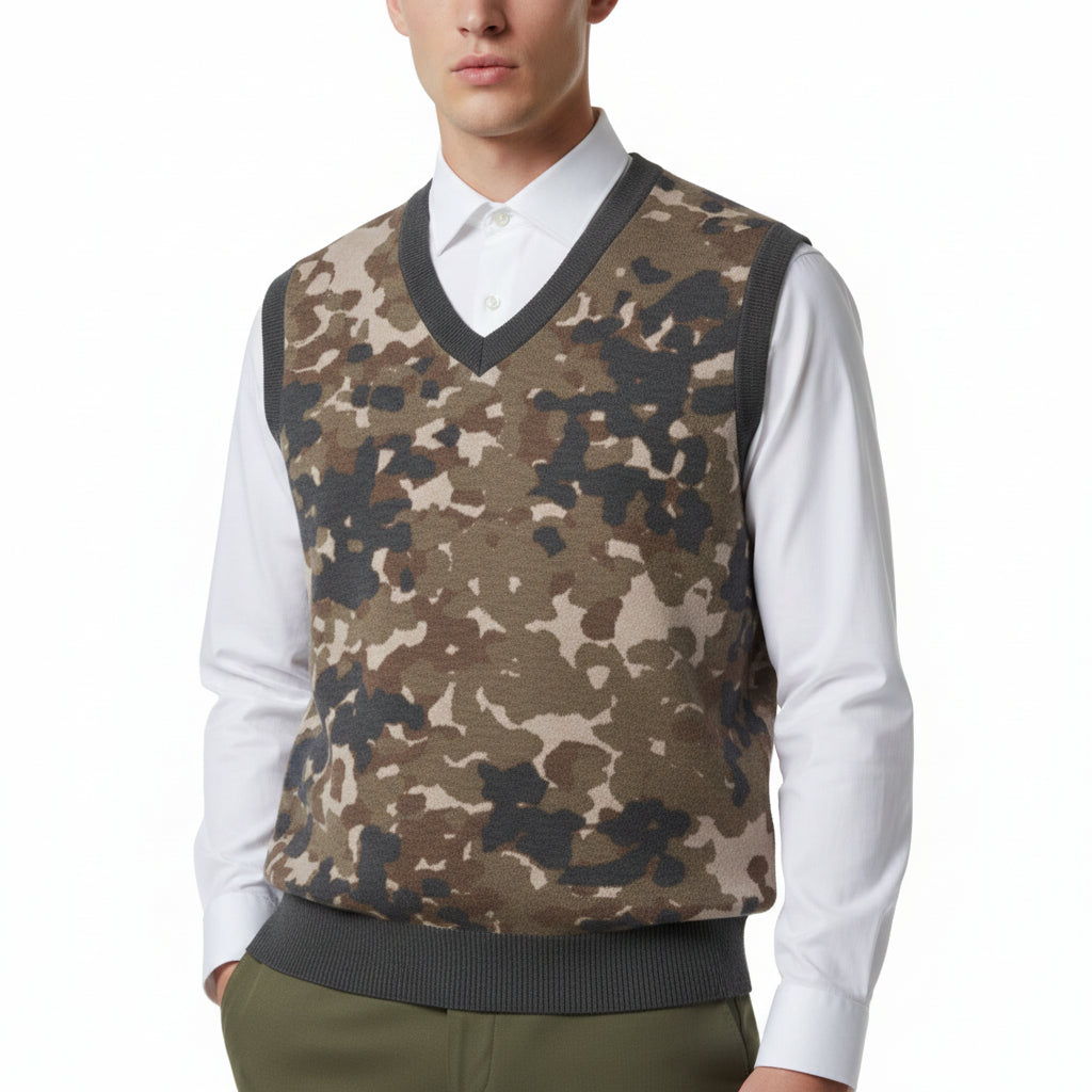 Model wearing a Flecktarn Reconnaissance Camo Knit V-neck Vest by Liberty Maniacs