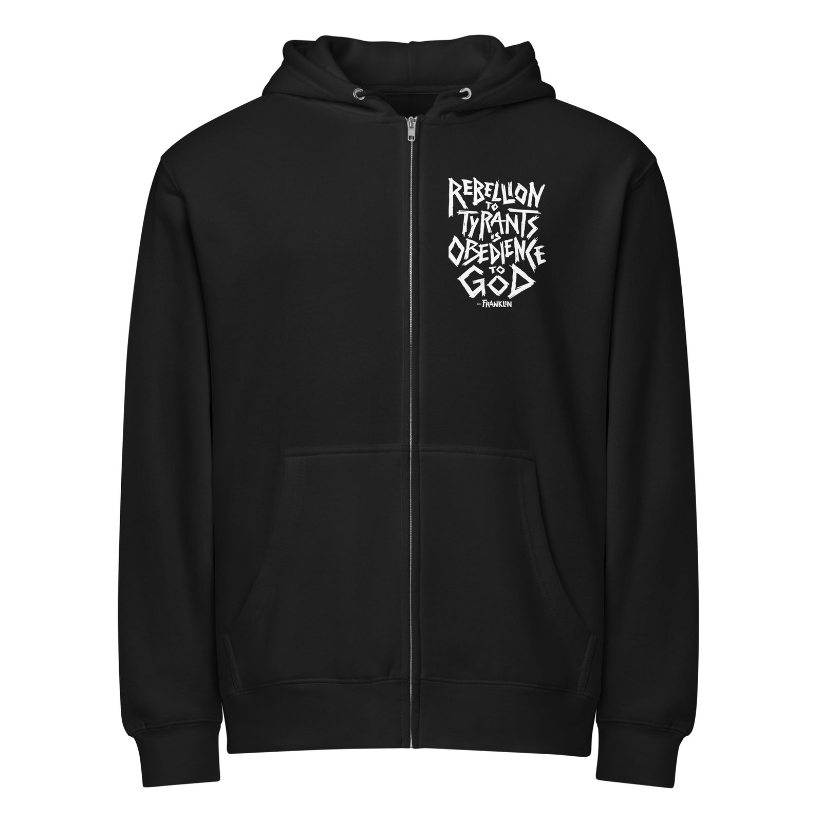 Black hoodie with white text design on a white background