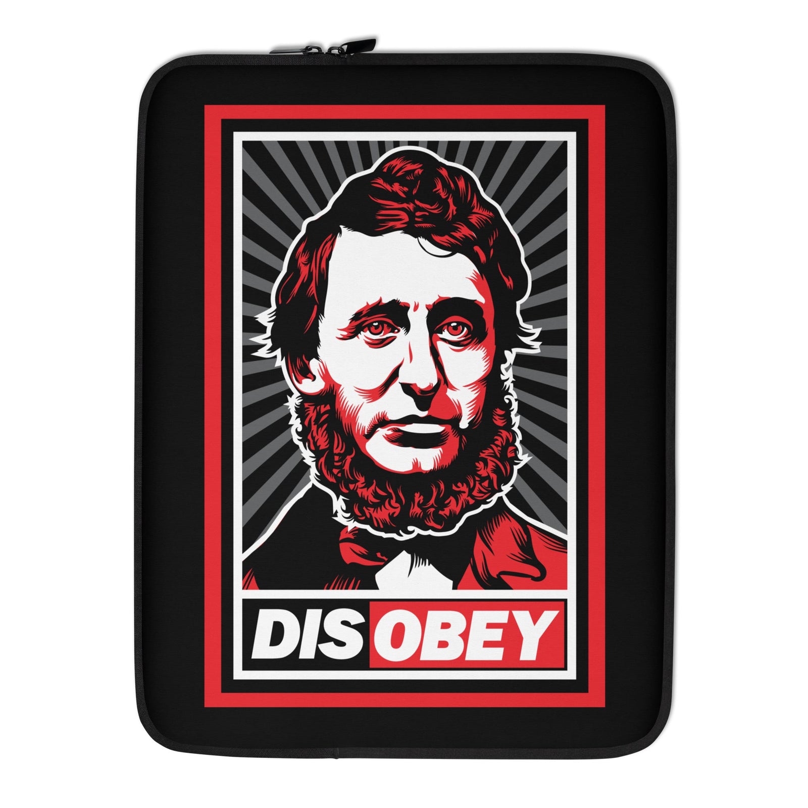 Laptop sleeve with a graphic design featuring a face and 'DIS OBEY' text on a black background.