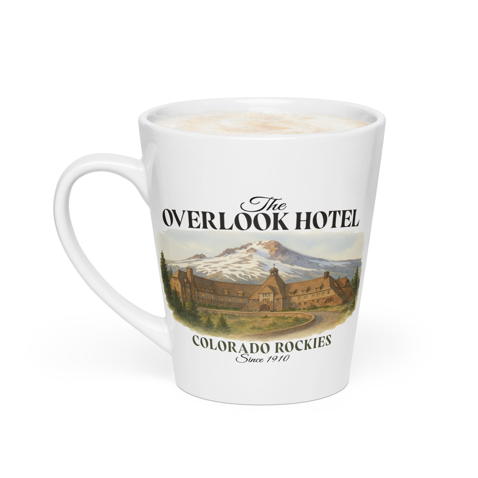 Overlook Hotel white ceramic latte mug, left-side product view