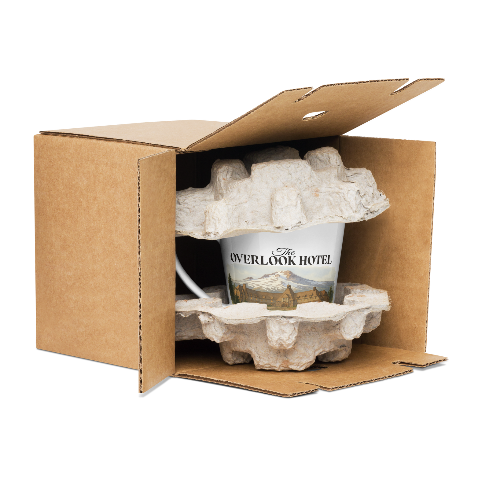 Overlook Hotel latte mug nestled in protective inserts inside an open cardboard shipping box