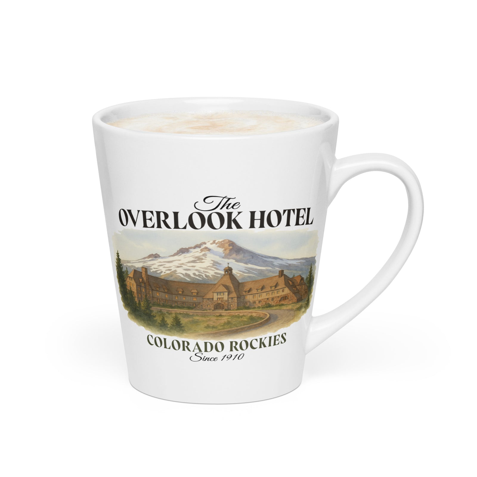 White 12 oz Overlook Hotel ceramic latte mug, right-side view