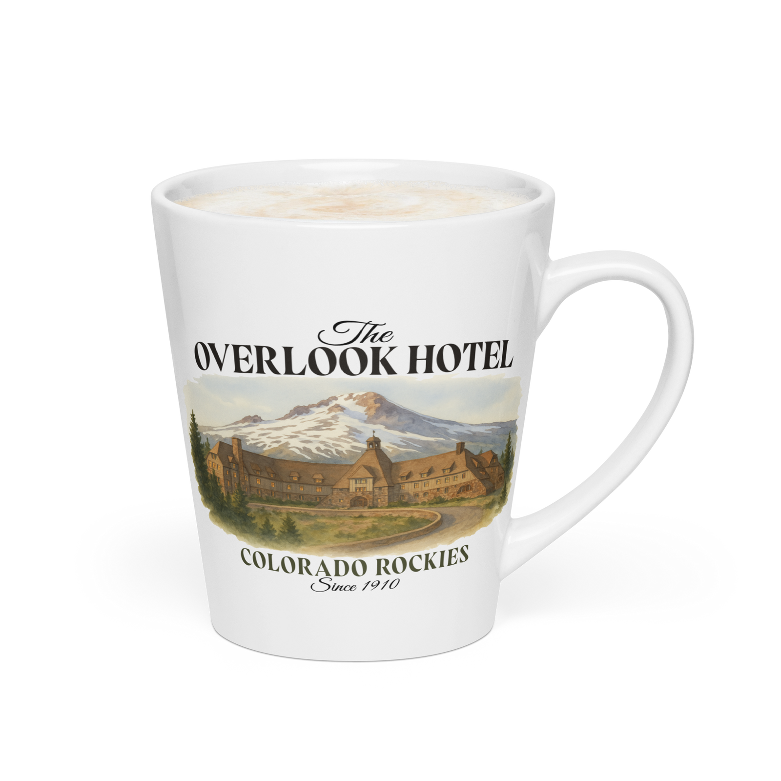 White Overlook Hotel latte mug showing the right side of the printed design