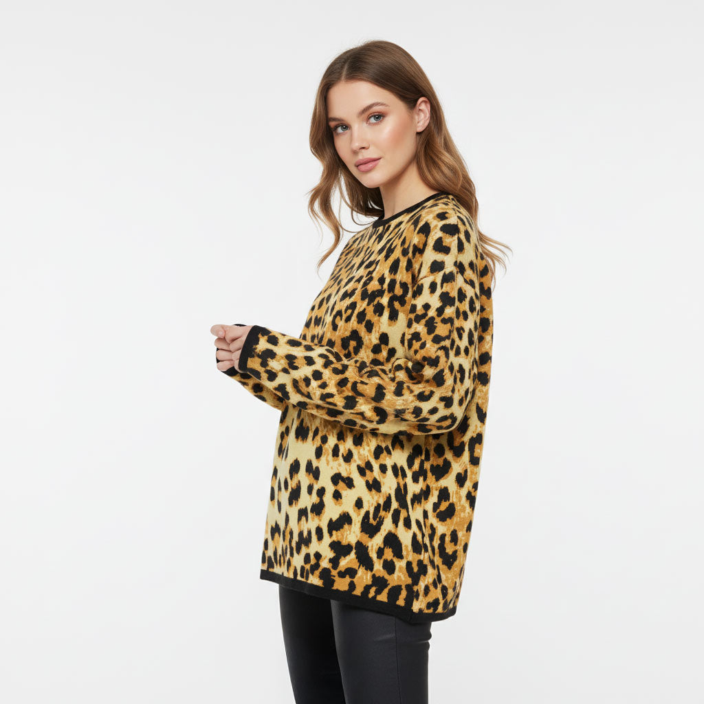 Leopard Print Women’s Straight Bottom Knitted Sweater