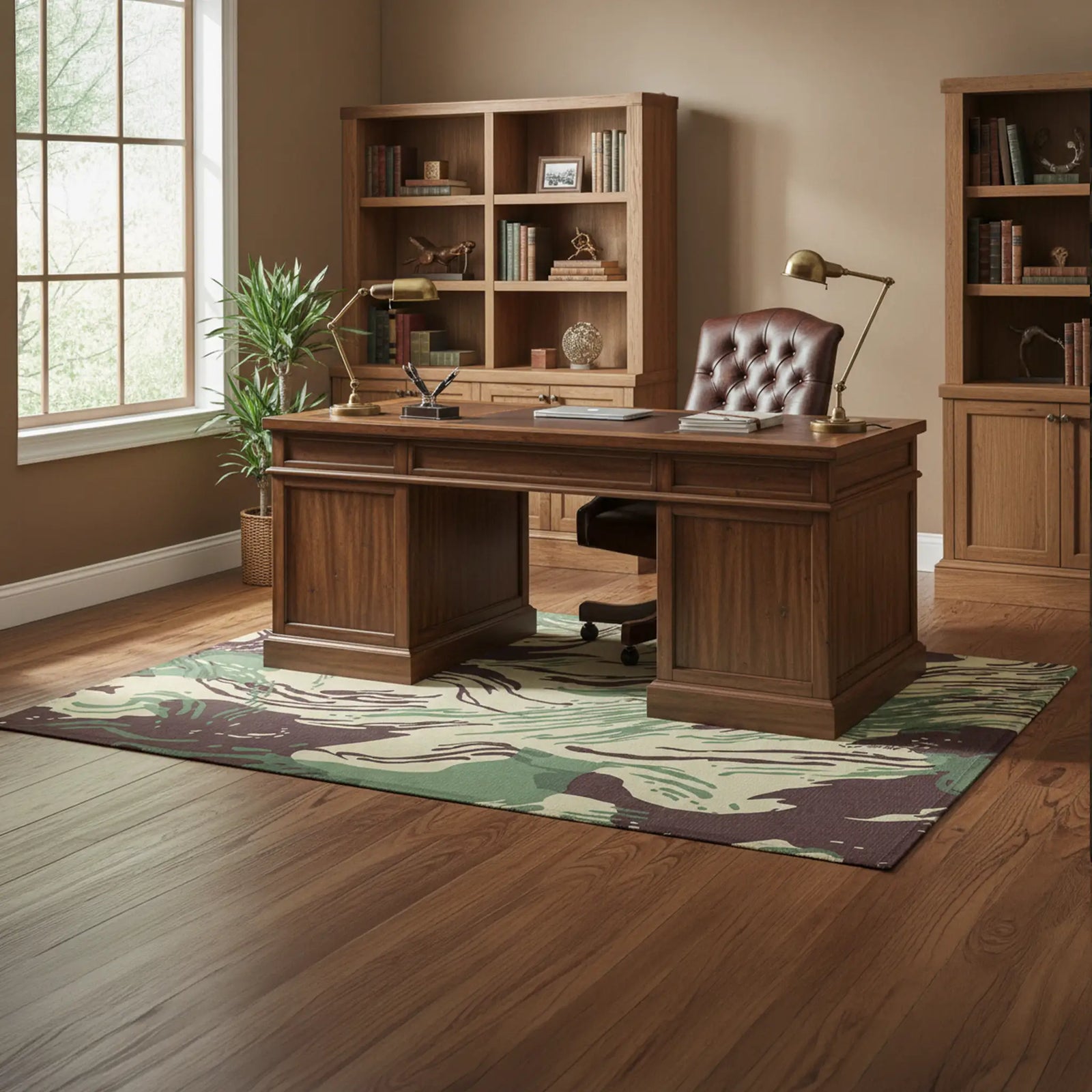 Wooden desk with bookshelves in a home office setting