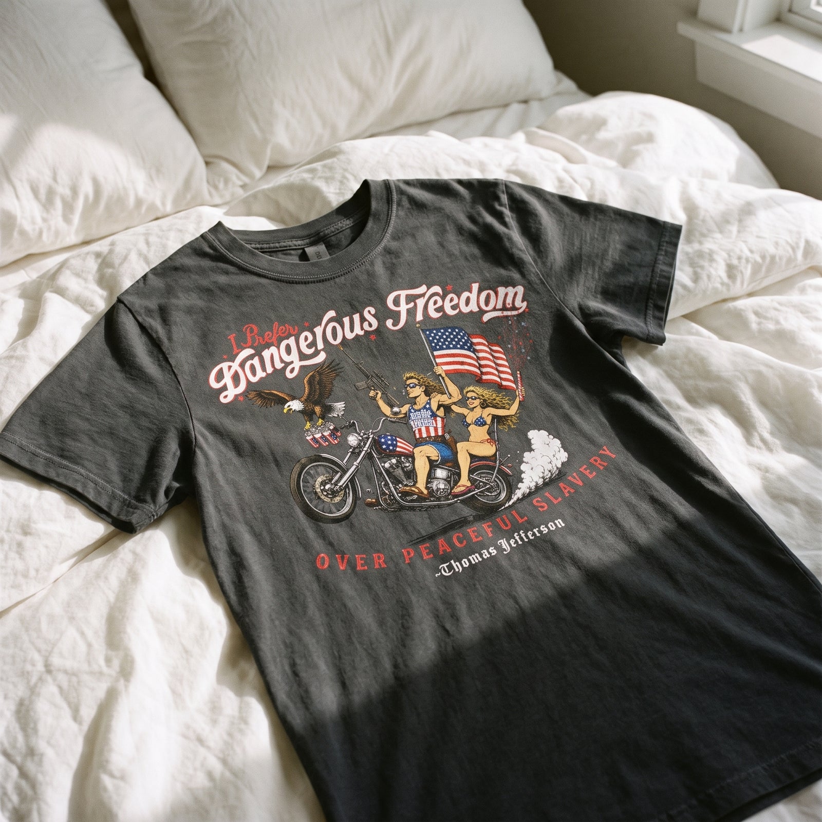 I Prefer Dangerous Freedom Thomas Jefferson Women's Heavyweight Garment Dye Tee laid flat on a white bed.