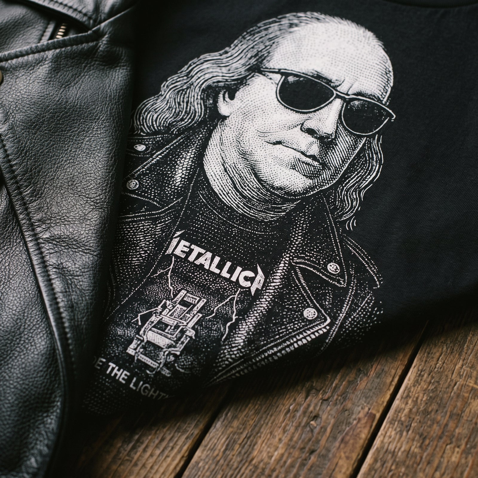 Ben Franklin Rebel Patriot Made in USA heavyweight graphic tee displayed on rustic wood