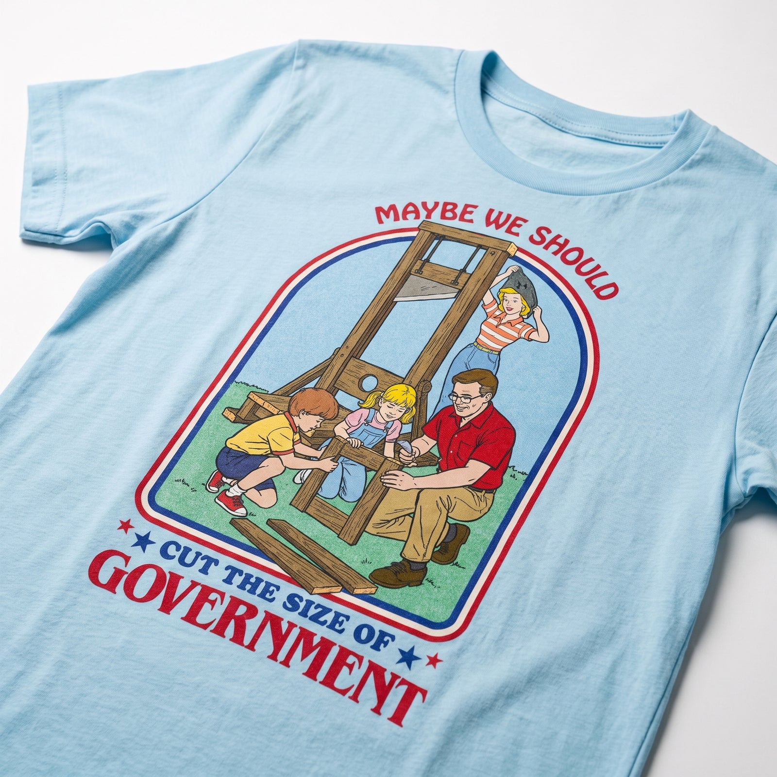 Maybe We Should Cut the Size of Government T-shirt in ocean blue with retro family guillotine artwork