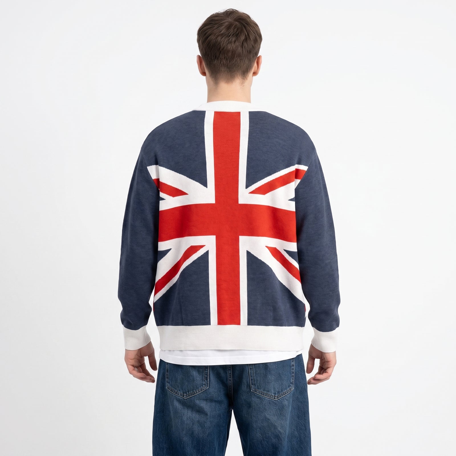 Back view of the Union Jack knitted cardigan sweater showing the British flag jacquard pattern.