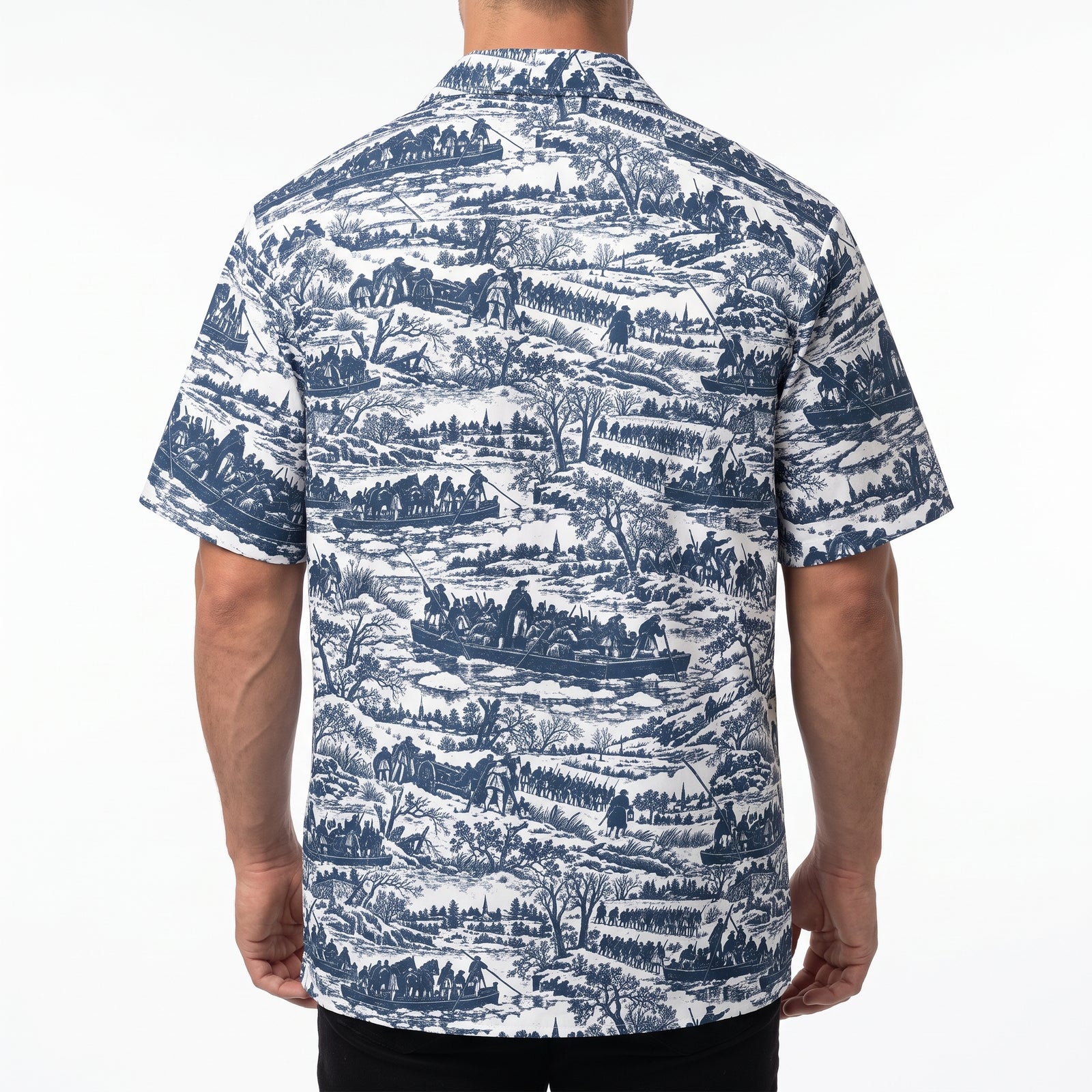 Back view of the Washington Crossing the Delaware button-up shirt on a male model