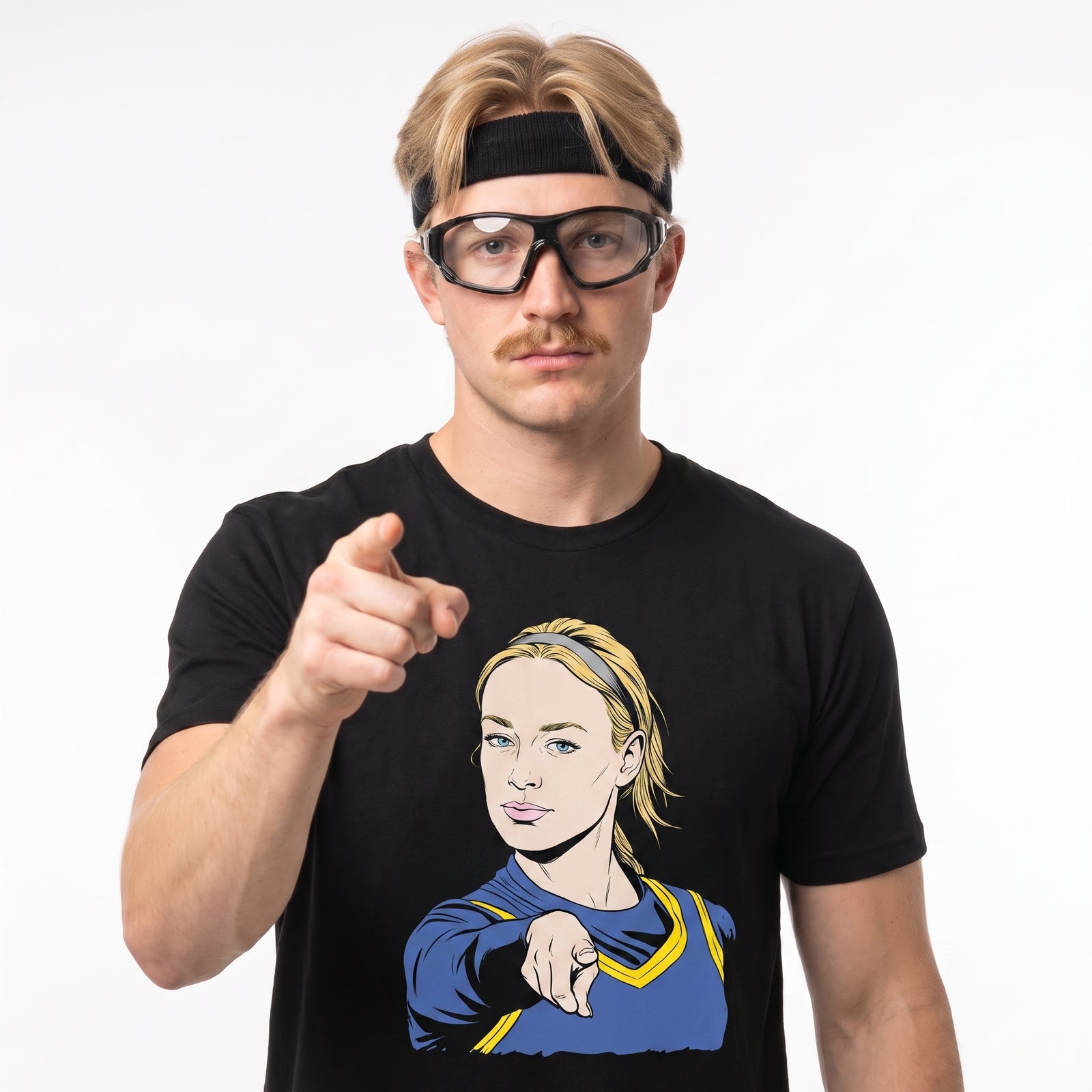 A man wearing a black Sophie's Point Gym Tee, styled with a black headband and thick black glasses against a plain white background.