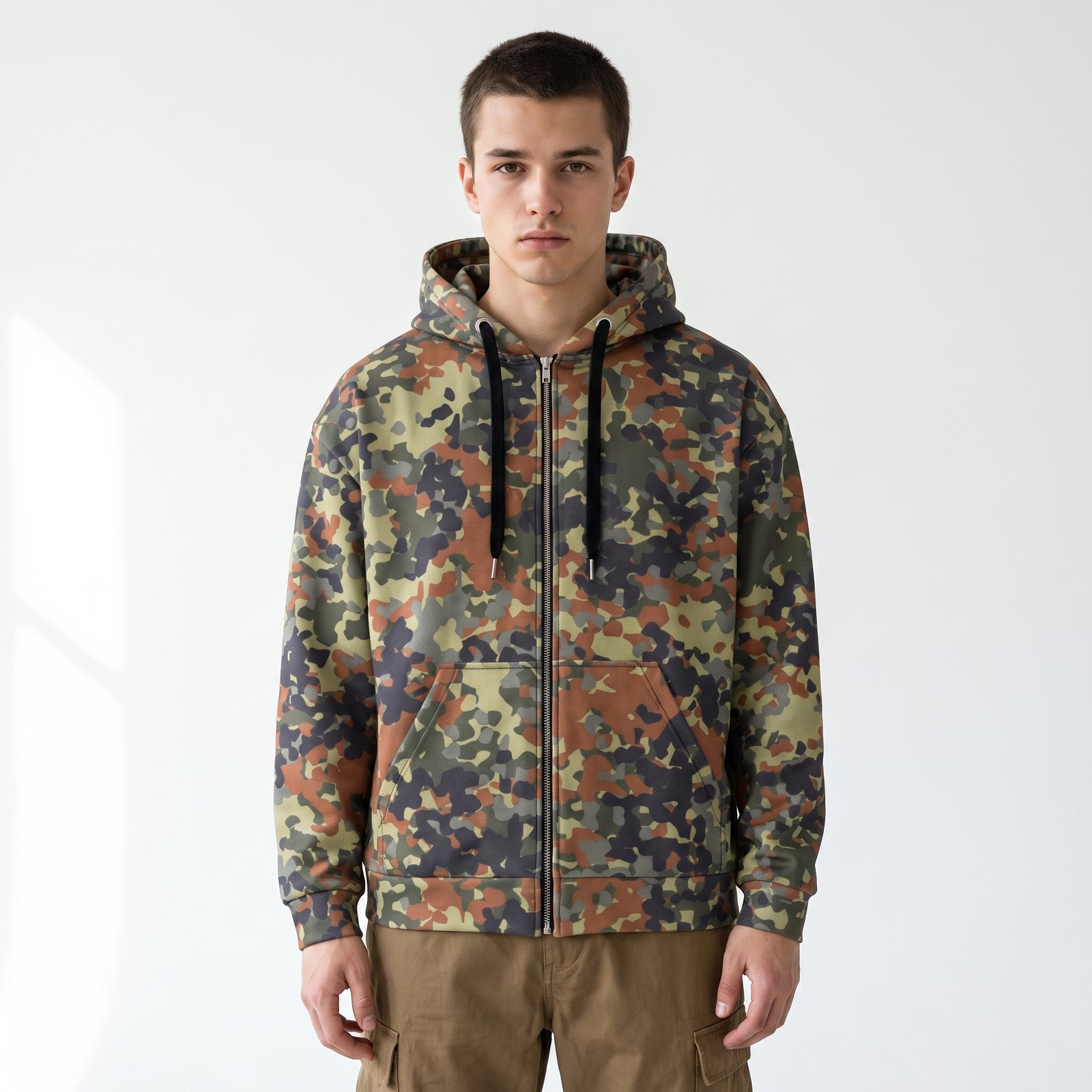 Man wearing the Flecktarn Reconnaissance camo zip hoodie in a white studio